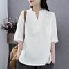 Literary and Retro Summer New V-neck Cotton and Linen Top Showing Thin Temperament Short-sleeved T-shirt Women's Loose and Casual