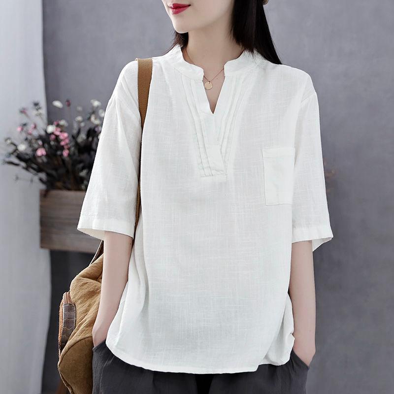 Literary and Retro Summer New V-neck Cotton and Linen Top Showing Thin Temperament Short-sleeved T-shirt Women's Loose and Casual