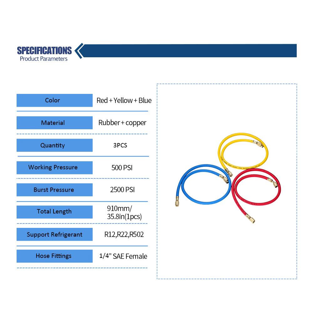 3pcs 1/4" SAE R12 R22 R502 Manifold Gauge Sets Three-color Charging Hoses