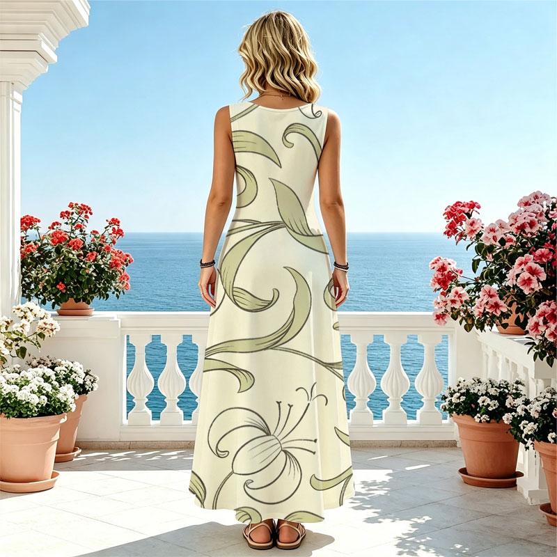 Women's Beach Sleeveless Maxi Dress Elegant Minimalist Floral Print Lightweight Flowy Summer Vacation Casual Wear