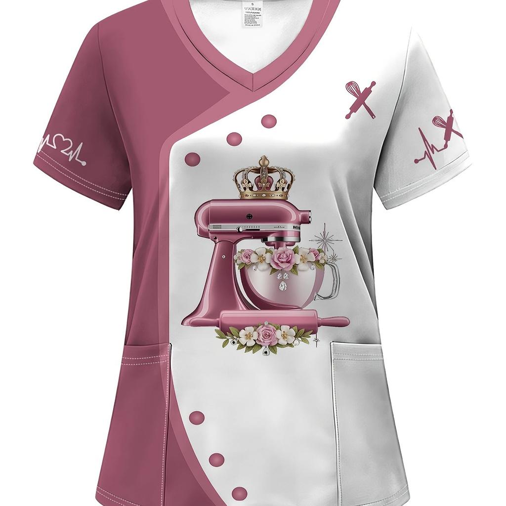 2025 Women's Summer Clothes Stylish Barber Uniform - Black V-Neck T-Shirt with Scissors Comb Print Perfect for Hairdressers