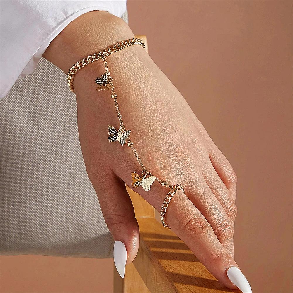 Simple Heart Slave Chain Bracelet Gold Plated Link Connected Wide Finger Ring Bracelets Jewelry Gifts For Women Girls