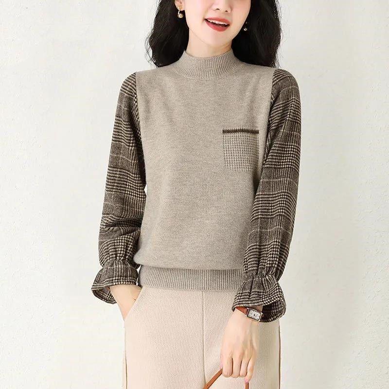 Fake Two Items Women Clothing Sweaters Pullovers Autumn Half High Collar Flare Sleeve Loose Fashion All-match Knitted Tops 2024