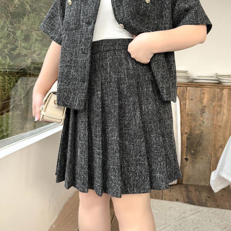 

Plus size women clothing [Qianjin Classic Style Suit] Advanced Sense Wear Short sleeve Cardigan Outerwear Pleated Two piece skirt Black Grey-Pleated Skirt 8xl