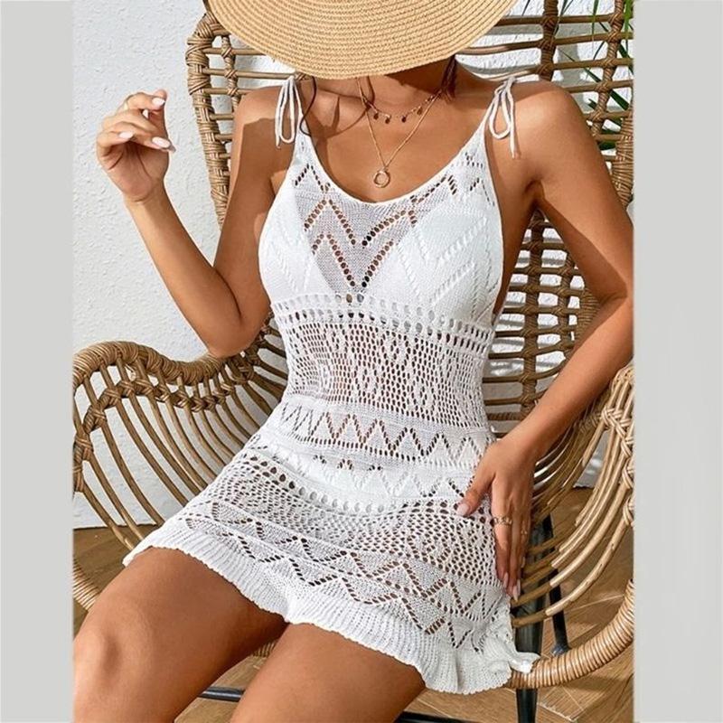 Summer Beach Mini Dress Lady Sexy Deep V Hollow Out Mesh Pullover Women's Knitted Sweaters See Through Casual Slim Sling Dresses