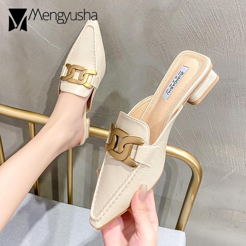 Fashion Plus Size 41/42 Women Metal Chain Slippers Square Low Heels Mules Ladies Sewing Shoes Summer Closed Pointed Toe Slides Sandalias