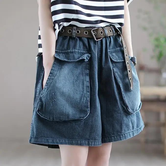

Wide Leg Denim Shorts for Women Summer Arrivals High Waist Big Pockets Blue Color Jeans Shorts Casual Pants Trousers XS синій
