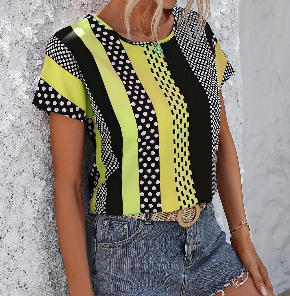 XXS-6XL Größe T-Shirt Damen Sommer Casual Rundhals Kurzarm Oberteile Tees Geometrisches Muster Locker Lässig Damenbekleidung