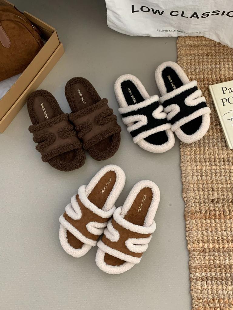 Thick-bottomed Boken Wool Slippers for Women In the Autumn and Winter of 2025, the New Korean Version of One-word Wool Slippers, and the Small Person 