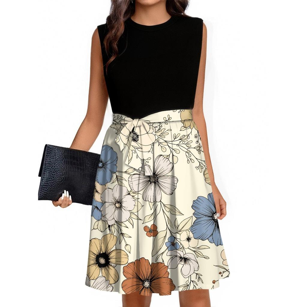 Women's Fashion Casual Lace-up Sleeveless Round Neck Splicing Short Dress