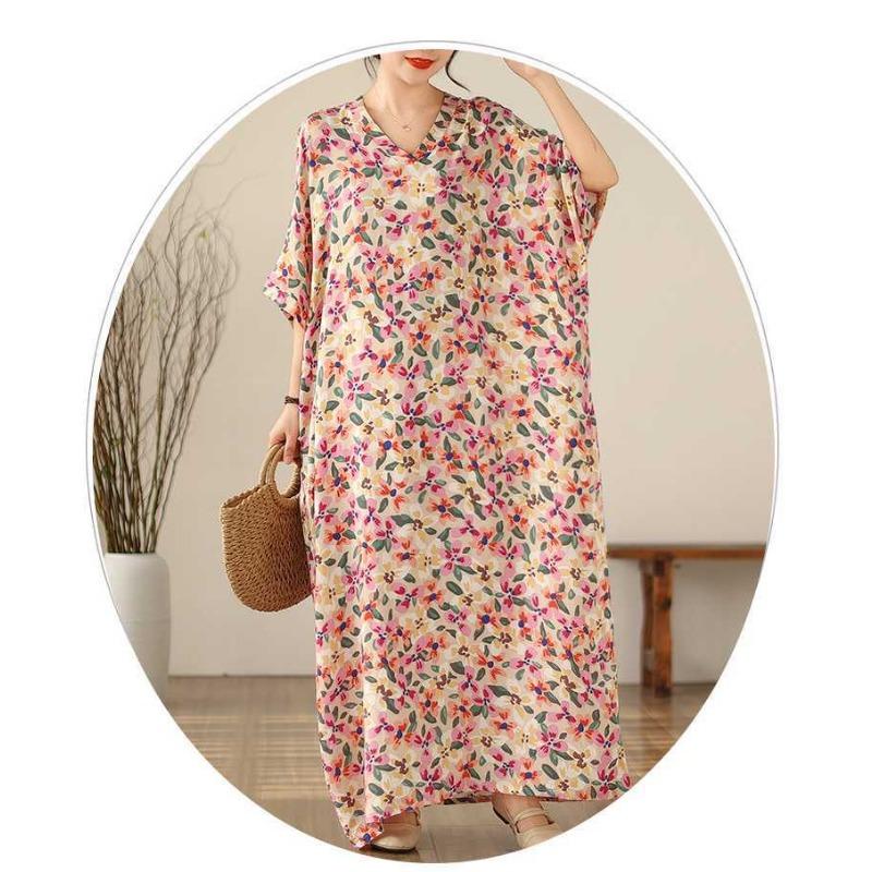 Vintage Vacation Style Enlarged Flesh Covering Thin V-neck Long Dresses