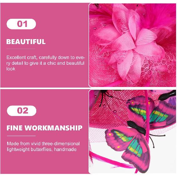 Tea Party Fascinator Headband with 3D Butterfly Decoration, Rose Red Pillbox Hat for Women, Lightweight Special Occasion Hair Accessory