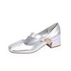 Silver Korean Small Square Head Spring and Autumn New Mary Jane Soft Leather Soft Sole Comfortable Thick Heel Fashion Single Shoes Women