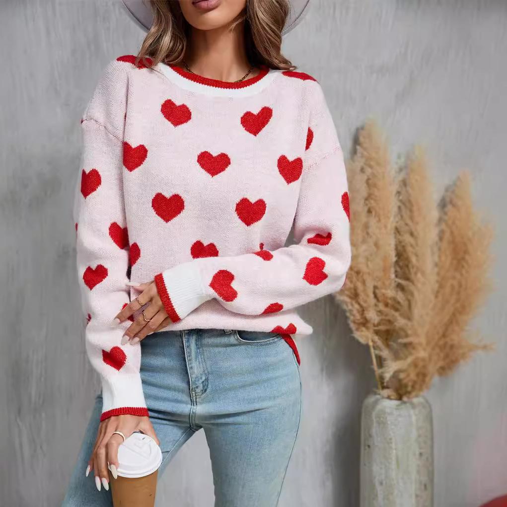 Winter Women's Sweater Love Valentine's Day Pullover Heart Color Clash Sweater