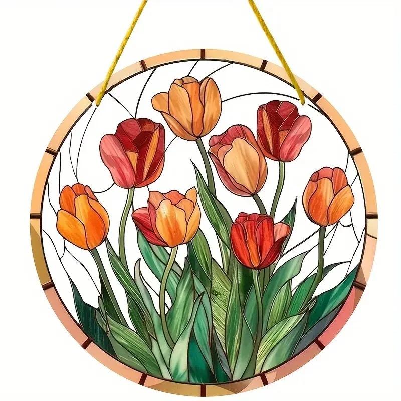2D Flat Plants Flowers Round Acrylic Decoration Sign, Tulip, Home Decor Plaque Hanging Wall Art Decorative Garden Decoration for Room Door Signs Hangi