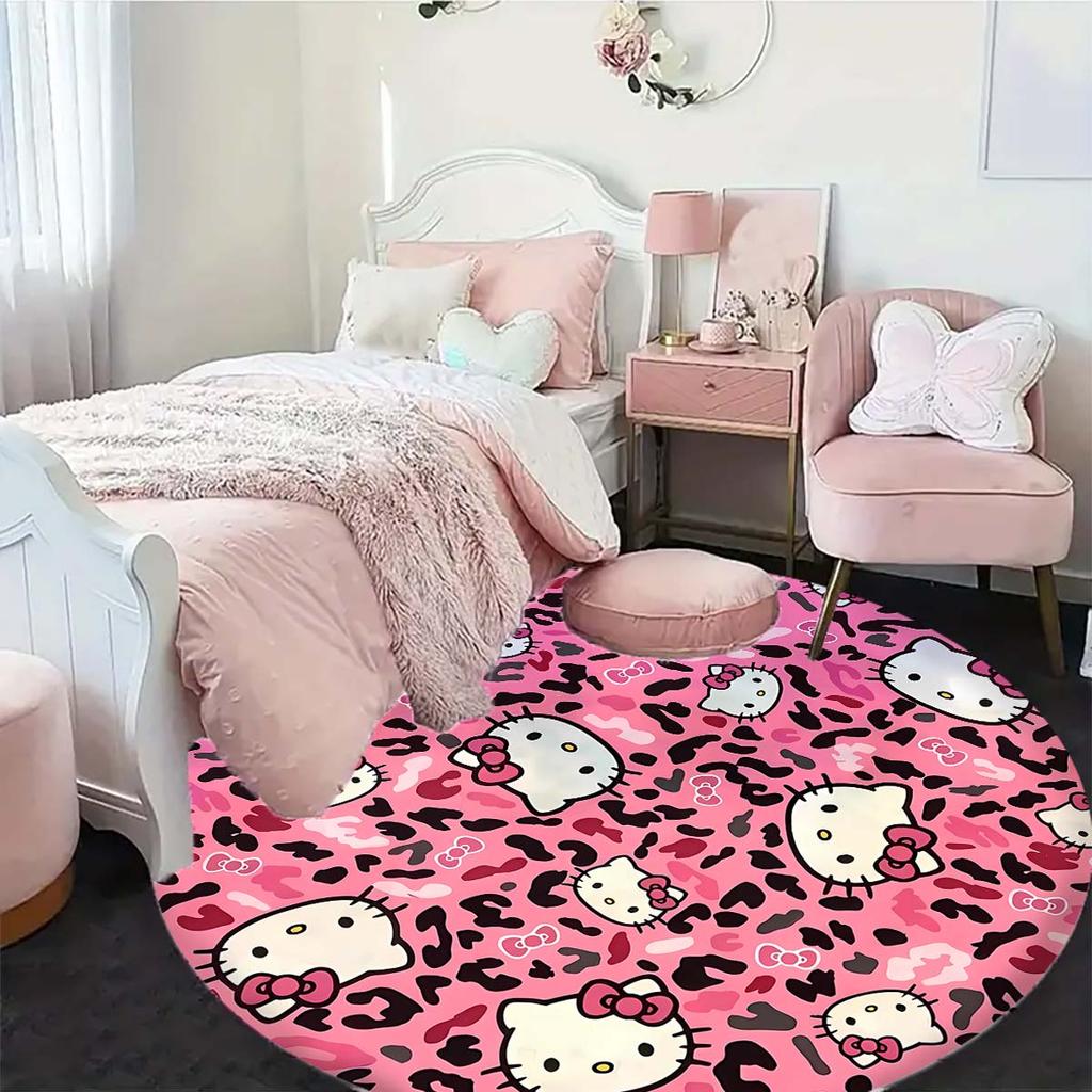 Cute Hello Kitty cartoon print round rug, home floor protector, children's room decoration, available in multiple sizes.