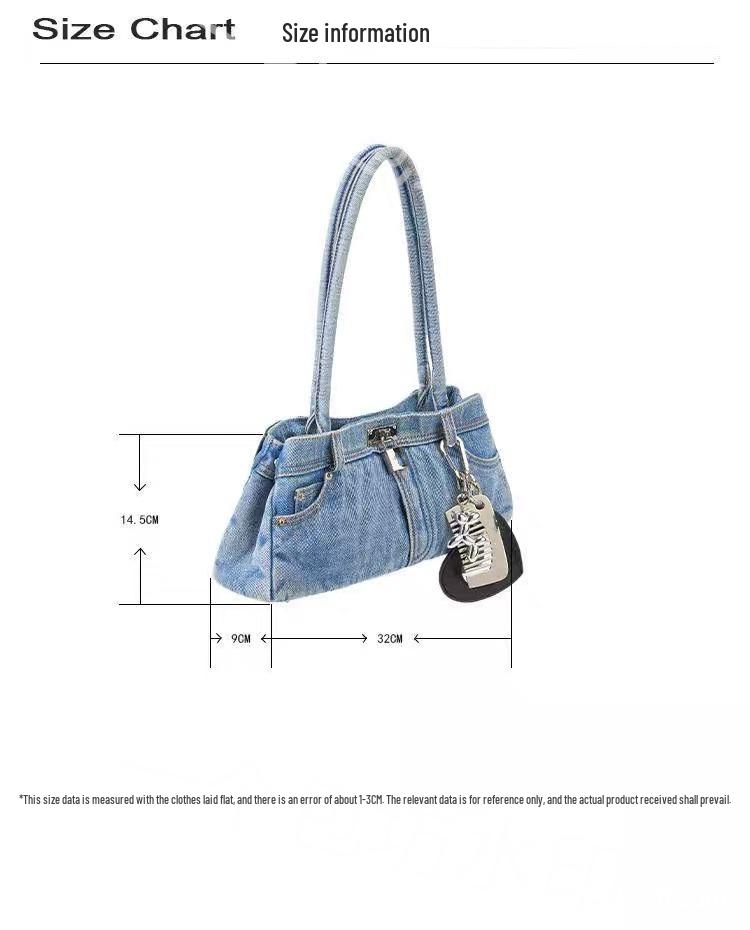 Niche Distressed Washed Denim Baguette Shoulder and Crossbody Bag with Comb Mirror