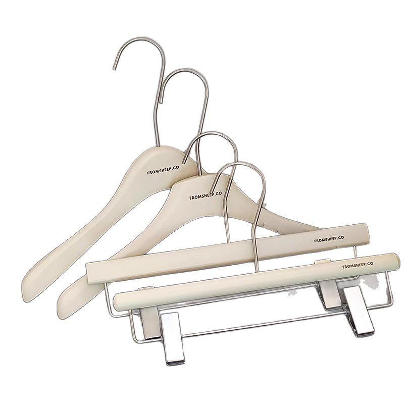 Milk White Solid Wood Hanger Clothing Store Special Clothes Support Wooden Pants Rack Internet Celebrity Thickened Women'S Clothing Hanging