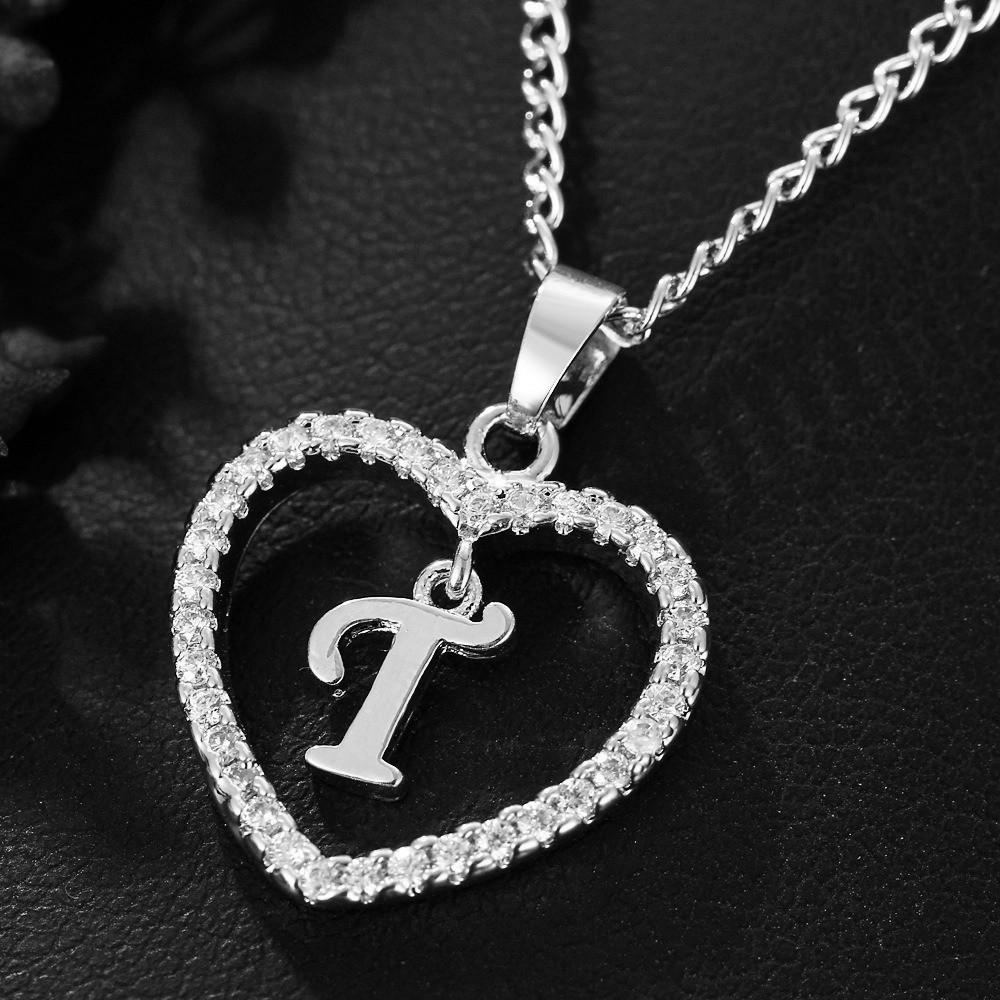 Heart Pendant Zircon Letter Necklace - 26 Letters Available