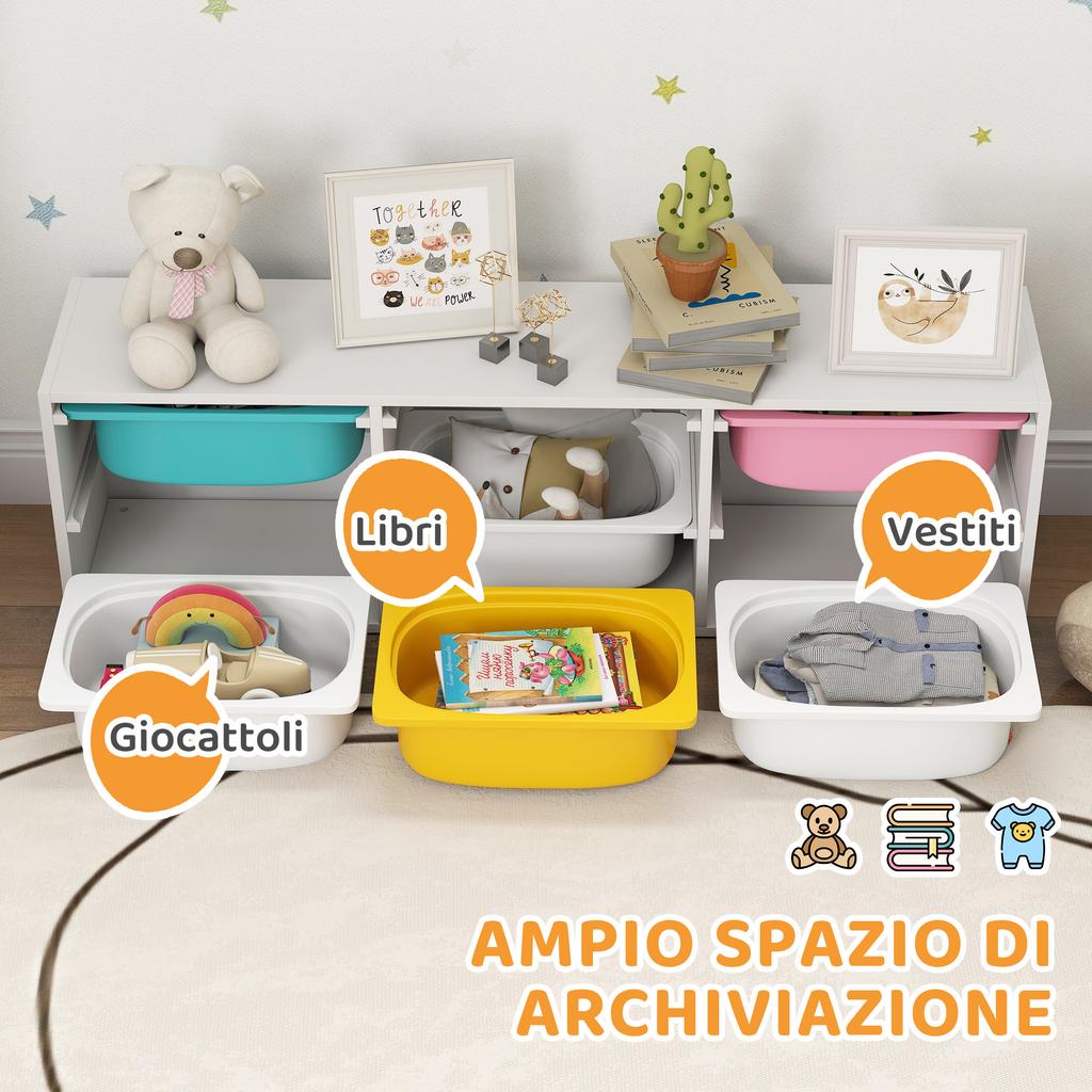 Children's Wooden Toy Storage Shelf with 6 Removable Plastic Bins, Multicolored