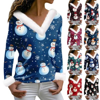 Moda feminina manga comprida estampa de natal festa pelúcia decote em v casual top