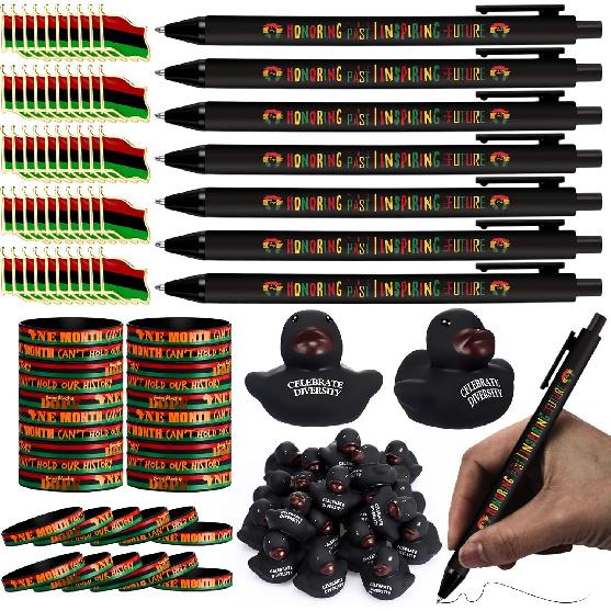 245 Pcs Black History Month Gift Sets African American Festival Celebration Flag Lapel Pins, Ballpoint Pens, Silicone Bracelets, Rubber Ducks for