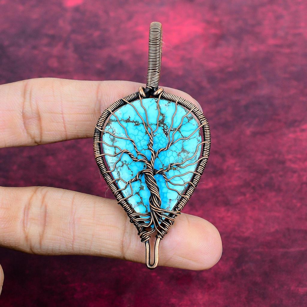 Tree Of Life Tibetan Turquoise Pendant Copper Wire Wrapped Gemstone Jewelry