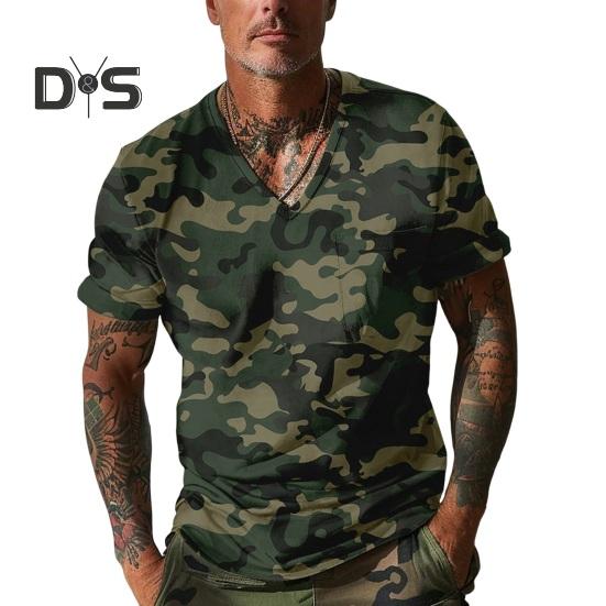 

Чоловіча літня футболка з V-подібним вирізом і камуфляжним принтом, короткими рукавами та нагрудною кишенею, пуловер середньої довжини, повсякденний спортивний топ XXXL армія зелений колір