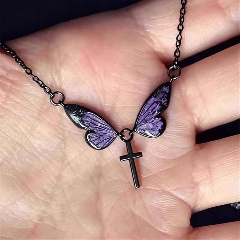 Elegant Butterfly Crosses Pendant Necklace Alloy Neckchain Fashion Accessory For Daily Wear Special Occasions