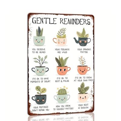 Gentle Reminders Motivational Metal Tin Sign | Cute Potted Plants Design 8x12 Inch | Inspirational Wall Decor for Home