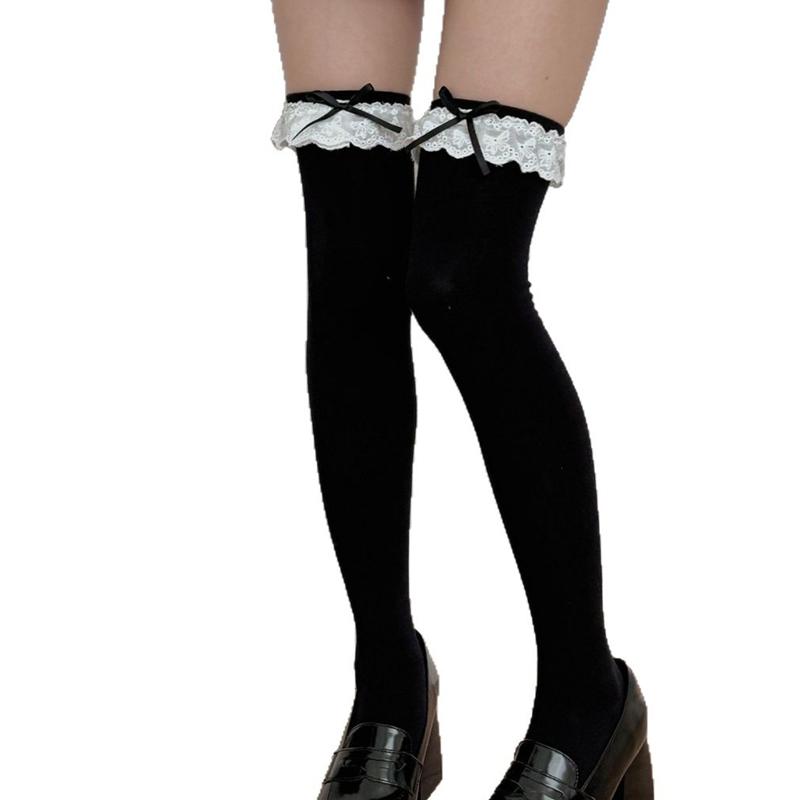 JK White Over The Knee Socks Women Classic Sweet Lace Ruffles Thigh Socks with Bowknot Girls Lolita Cotton Long Stockings Woman