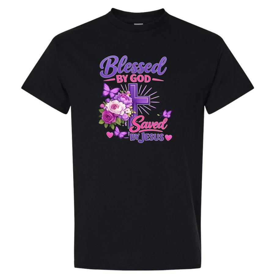 Blessed By God Saved By Jesus T Shirt Christian Cross Faith Floral Tee Butterfly XXL