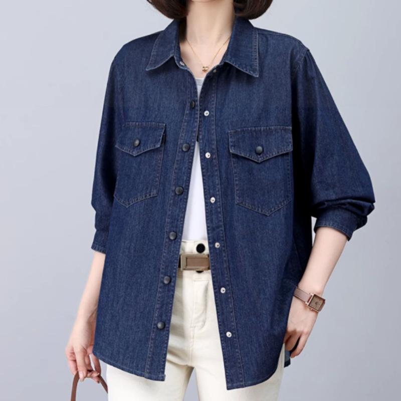Denim Shirt Jacket Ladies's Spring and Fall Lapel Single-breasted Long-sleeved Mid-length Top Jacket