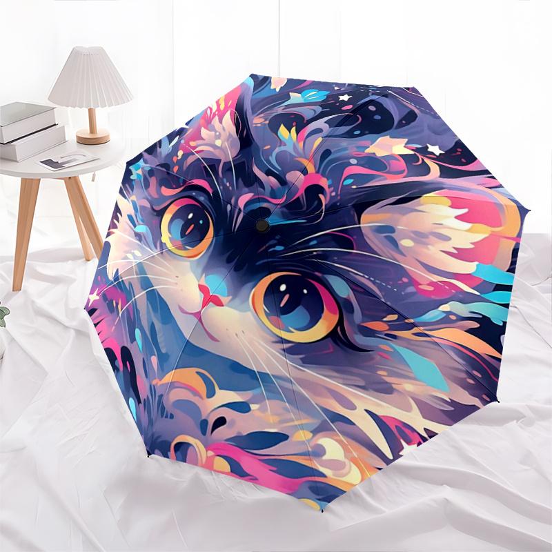 

1pc antasy Cat Landscapes Pattern Beautiful Looking Automatic Folding Umbrella, 3 Folding, 8 Iron Frame Design, Durable and Suitable for Travel a