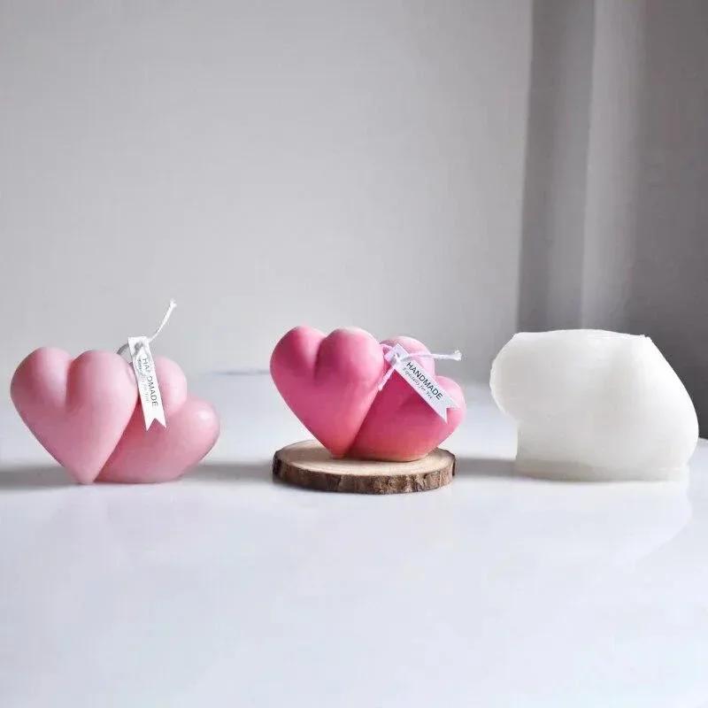 3D Double Silicone Heart Candle Mold Love Soap Resin Gyp Making Set Ice Chocolate Cake Baking Tool Home Decor Mould Couple Gifts