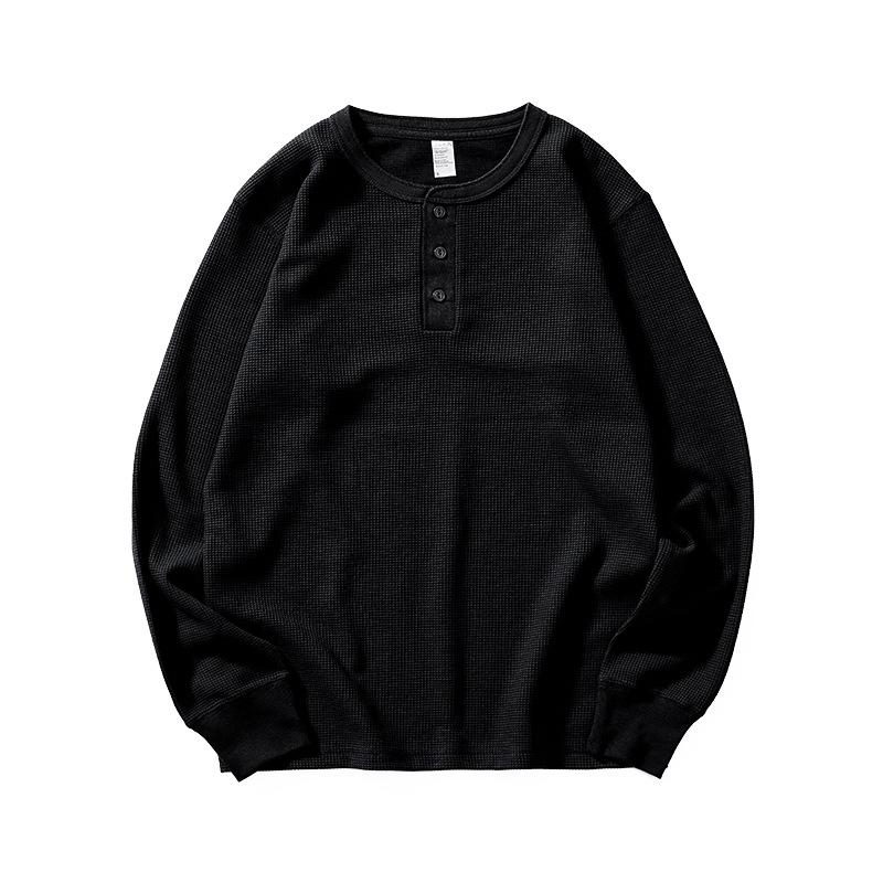 Men's Autumn Heavyweight Retro Waffle Long-sleeved T-shirt Loose Henley Collar Shirt