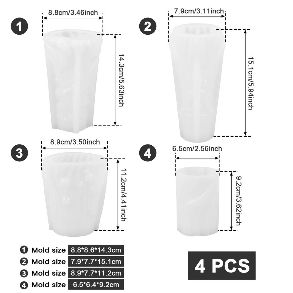 4Pcs Cylinder Candle Molds Silicone Candle Molds Set Creative Carved Candle Mold Easy Release Resin Casting Mold Reusable Candle