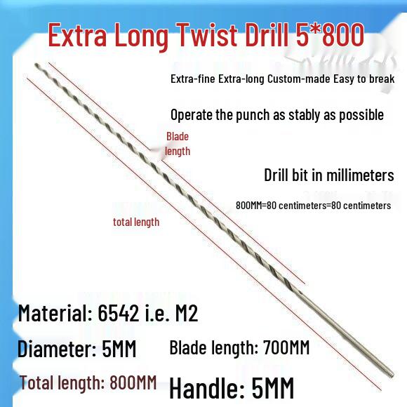 Extra Long 5060 Cm Twist Drill Bit, 500mm High-Speed Steel, Straight Shank for Deep Hole Drilling In Stainless Steel, Wood, 468 Industrial Series.