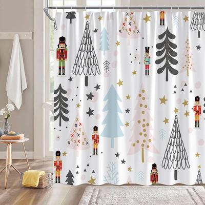 Funny Gray Blue Pink Xmas Tree Christmas Shower Curtain, Waterproof Winter Holiday Bathroom Decor for Seasonal Festival
