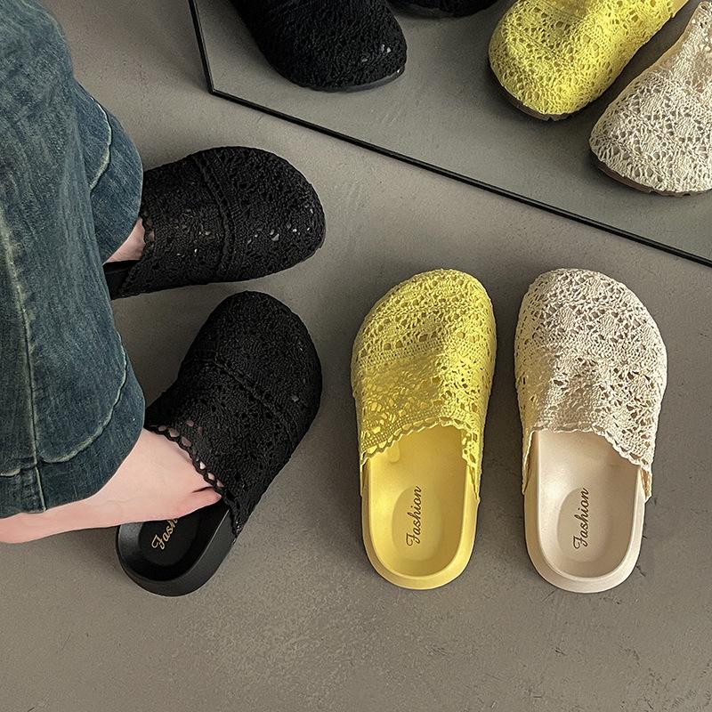 Knitted Hollow Big Head Muffin Thick Bottom Bag Head Drag Women's Summer New Wear Breathable Small Half Slippers