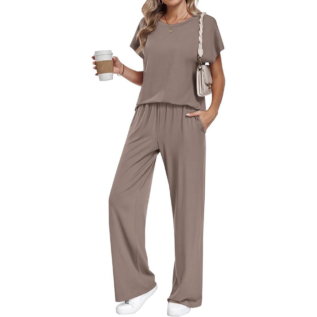 Women Short Sleeve Top Long Pants Loungewear Set Casual Loose Fit Two Piece Outfit Soft Fabric Comfortable Design