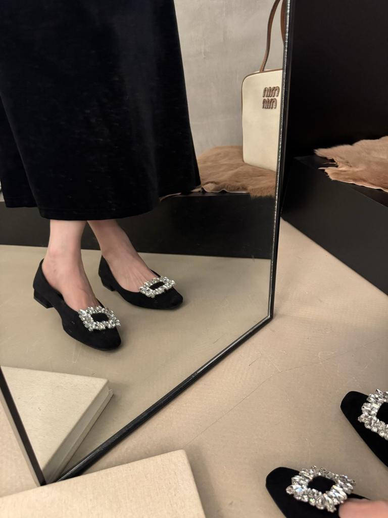 Xiaoxiangfeng Black Square Buckle Rhinestone Plush Mary Jane Shoes Winter Thick Heel Plush Commuter Shoes