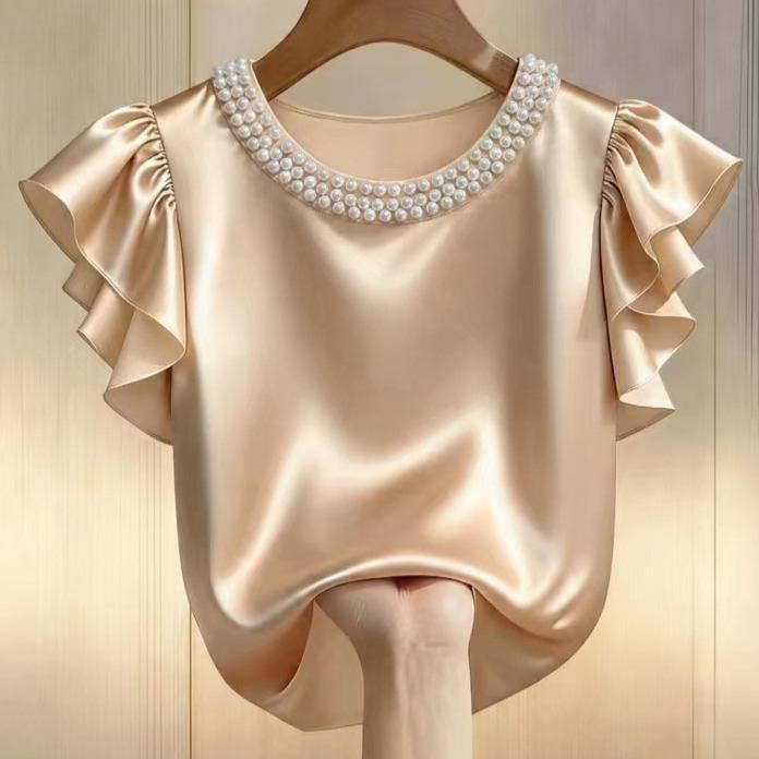 Summer Women s Solid Color Round Neck Blouse Short Sleeve Satin Shirt S абрикосовый