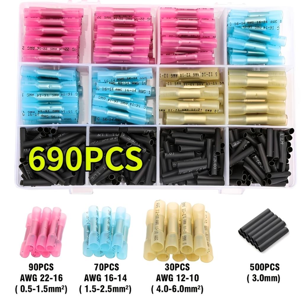 690pcs Heat Shrink Butt Wire Connectors Waterproof Insulated Automobile Wire Cable Crimp Terminals