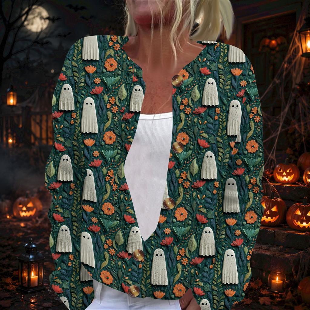 Women's Fashion Halloween Print Long Sleeve Knit Cardigan with Button Front - Casual Coat for Daily Wear and Holiday Parties