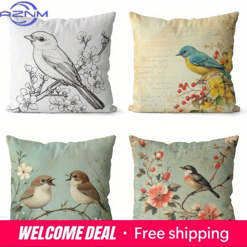 Home Decor Birds Flowers Pattern Decorative Pillowcase Pattern Cushion Cover Suitable For Sofa Bedroom Car Pillow Cover