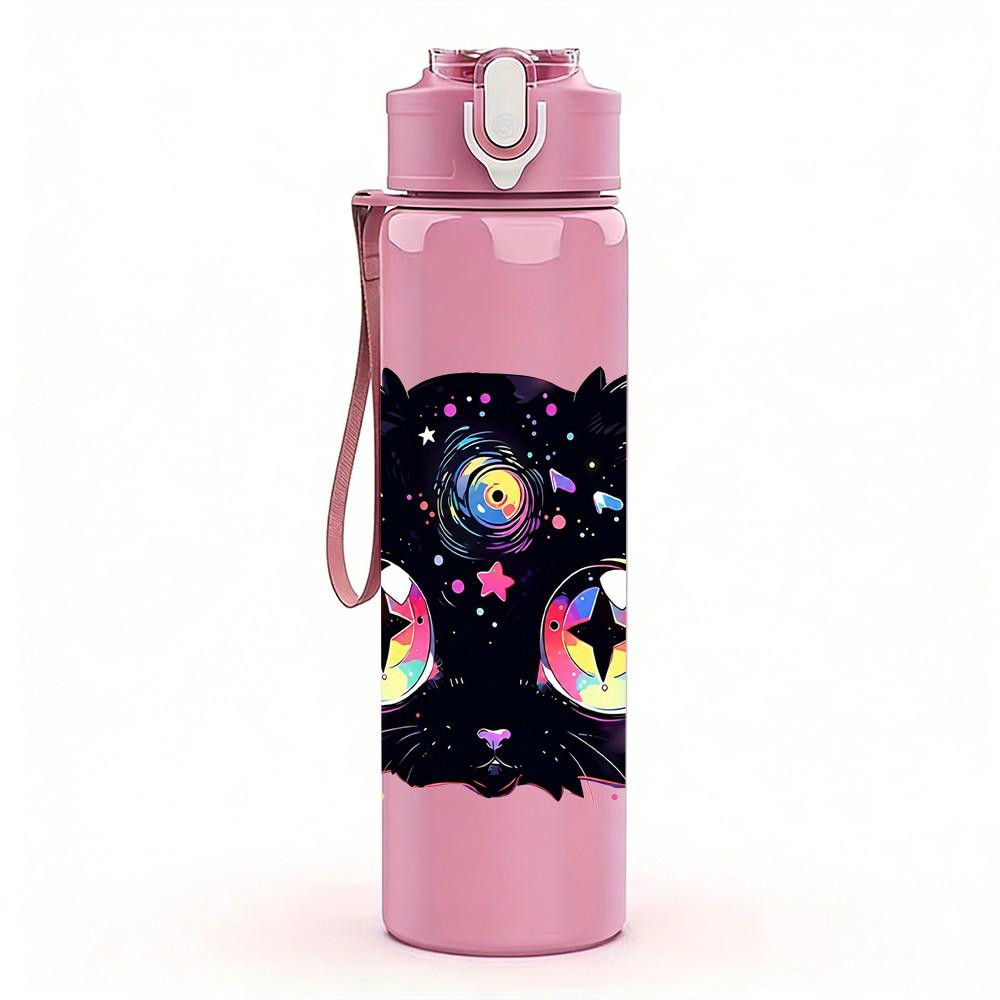 1PC Big Eyed Black Mystic Cat 750ml Color Plastic Sports Water Bottle Leakproof Flip Straw Lid Suitable for Sports Office Home Use