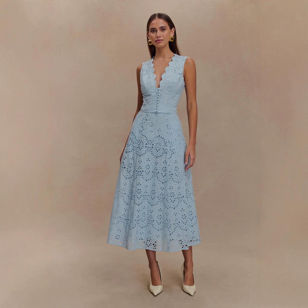 Women Sleeveless V Neck Midi Dress Elegant Hollow Out Eyelet Summer Dress Casual A Line Sundress