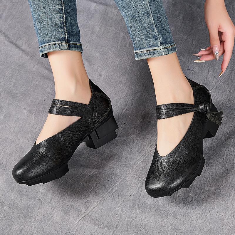 Fashion GKTINOO Retro Thick Heel Women Shoes Hook Loop Mary Jane Loafers Luxury 5 Cm Pumps Genuine Leather Sewn Square Heel Single Shoes