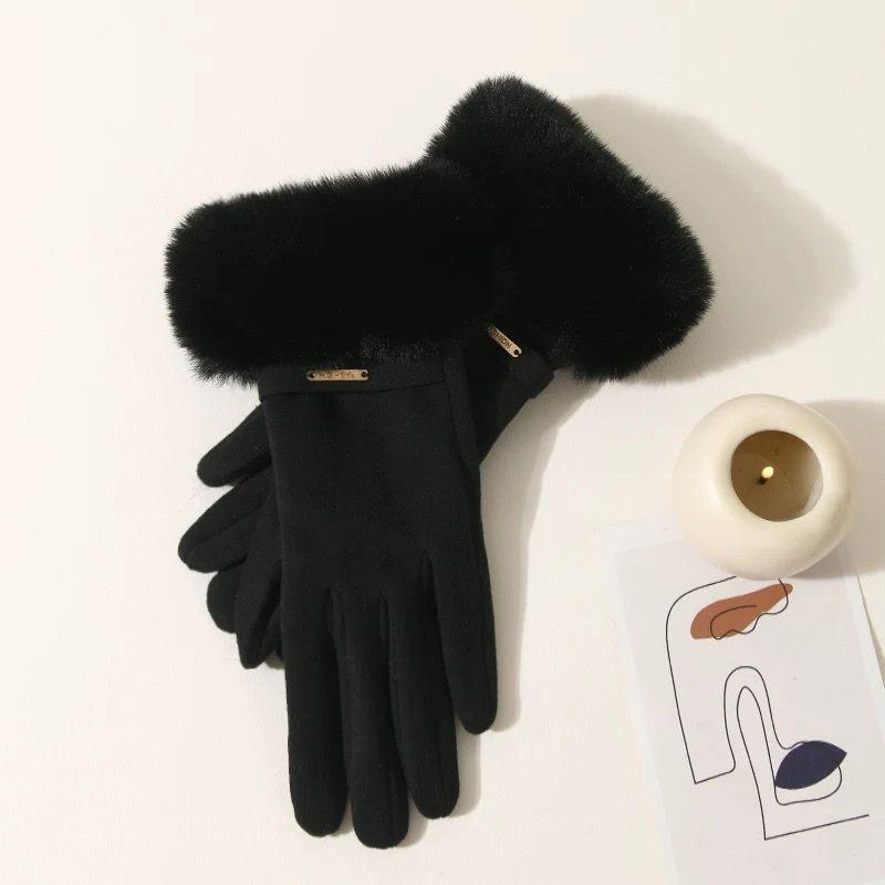 New Women's Warm Thickened Dew Finger Touch Screen Windproof Riding Plush Outdoor Fashion Gloves
